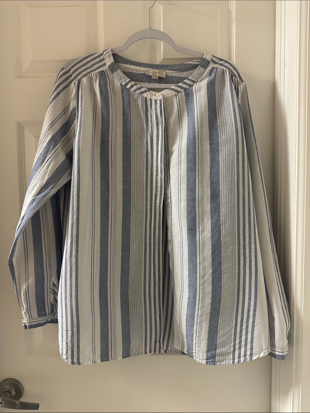 LOFT Blue and White Striped Long Sleeve Popover Top